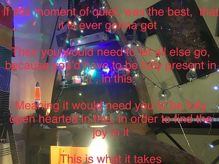 If this moment of quiet, was the best,  that it is ever gonna get .  Then you would need to let all else go, because you’d have to be fully present in it , in this.  Meaning it would need you to be fully open hearted in this, in order to find the joy in it   This is what it takes